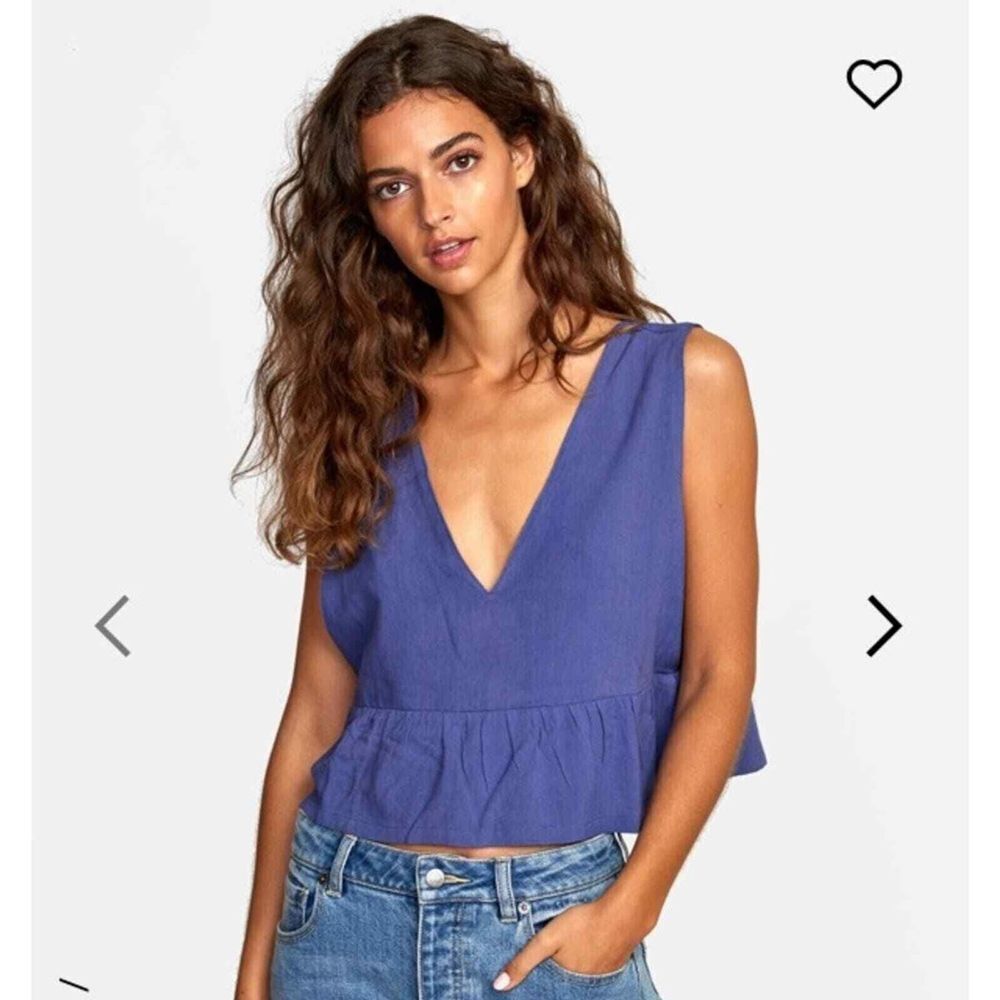 Cropped V-Neck Tank Top with Dropped Arm Holes and Peplum Ruffle- RVCA, Blue, XL